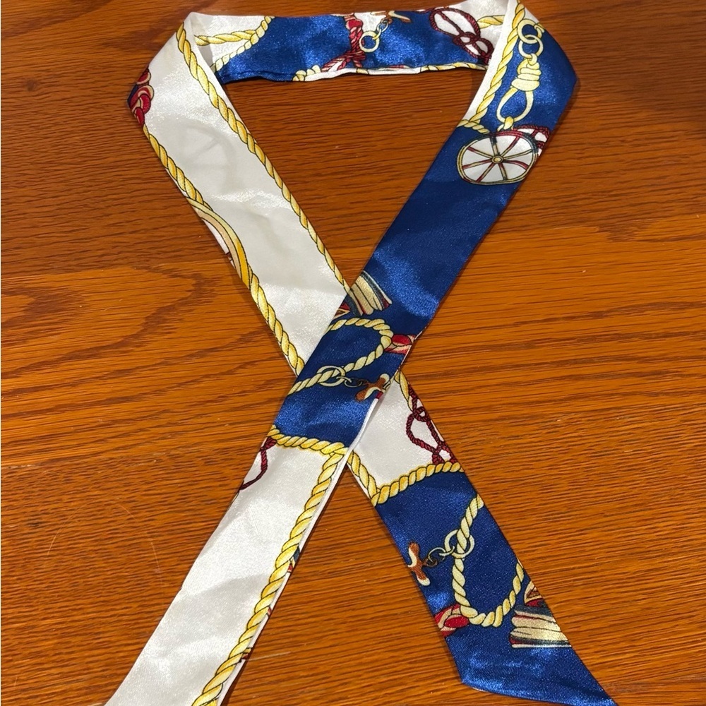 Nautical Print Silk-Like Twilly Scarf - Blue, Red and White